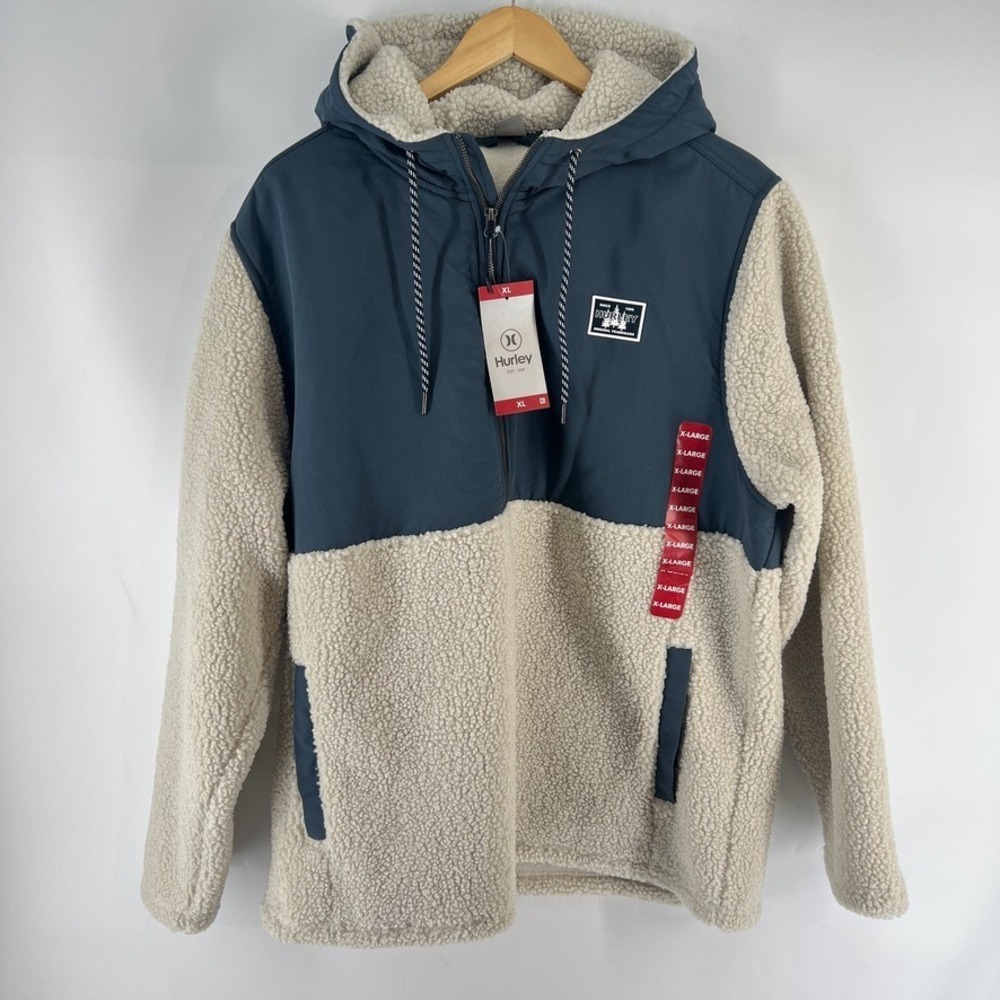 Hurley Sherpa Fleece Hoodie Mens XL Blue Cream Colorblock 1/4 Zip Anorak NEW